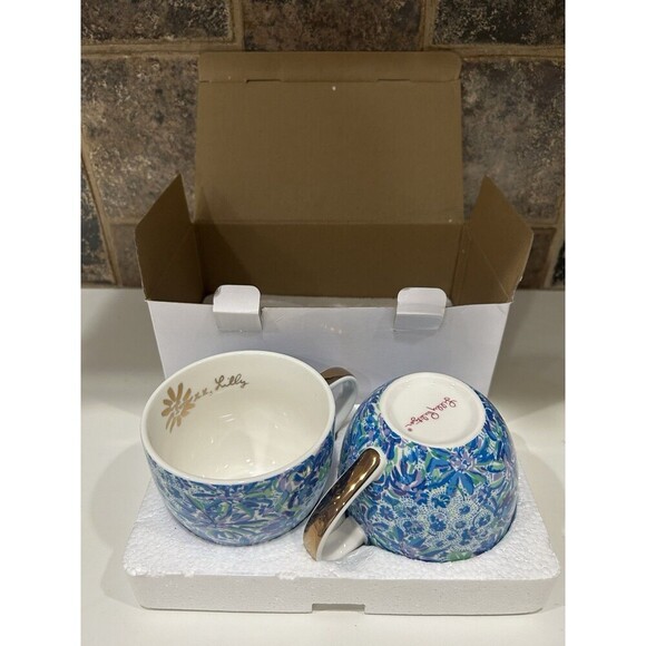 Lilly Pulitzer Mugs Set 2 Blue Floral Gold White Porcelain Coffee/Tea Cups 12 oz - Picture 7 of 8
